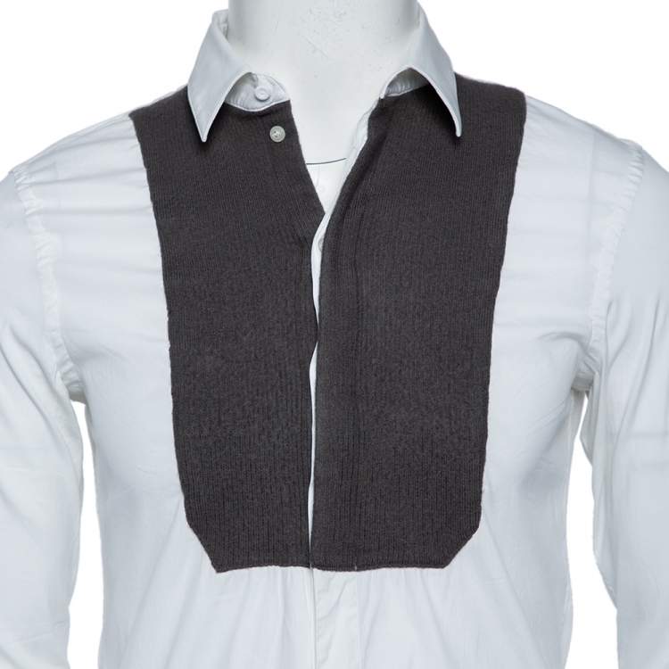 Pre Owned Emporio Armani White Stretch Cotton & Contrast Wool Paneled Button Front Shirt M