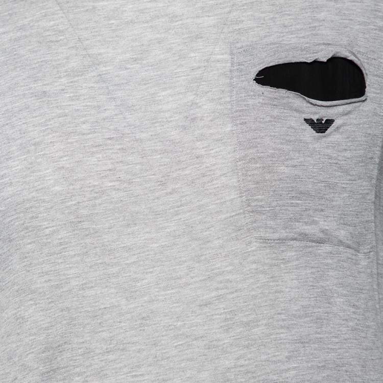 Pre Owned Emporio Armani Grey & Black Knit Pocket Detail Crewneck T-Shirt M