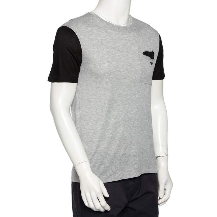 Pre Owned Emporio Armani Grey & Black Knit Pocket Detail Crewneck T-Shirt M