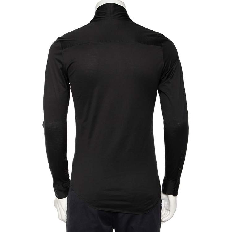Pre Owned Emporio Armani Black Cotton Shawl Lapel Collar Detail Button Front Shirt S 