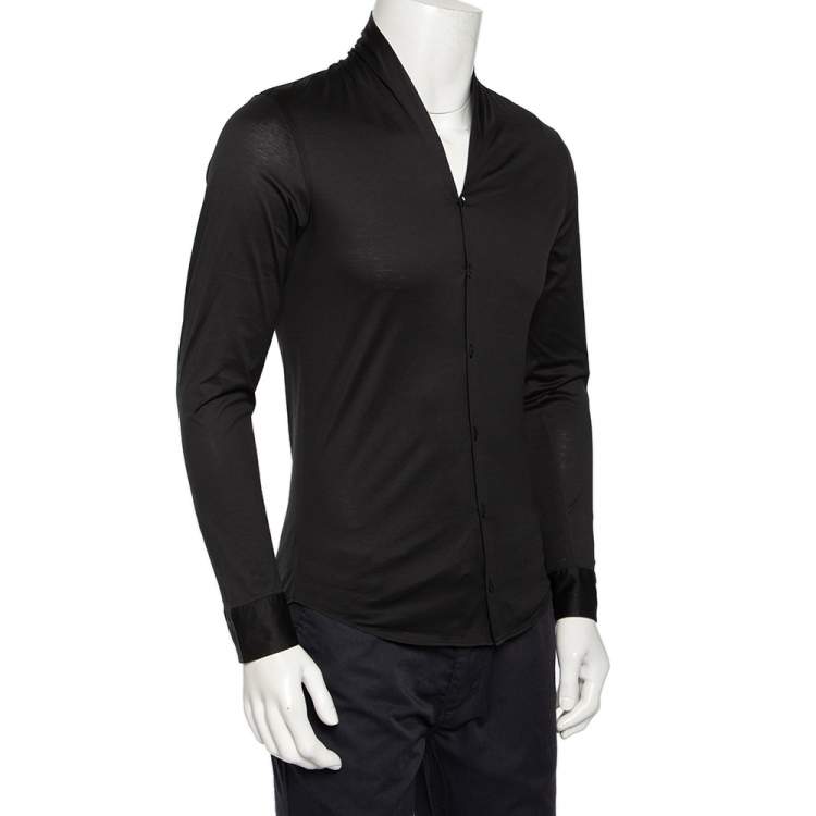 Pre Owned Emporio Armani Black Cotton Shawl Lapel Collar Detail Button Front Shirt S 