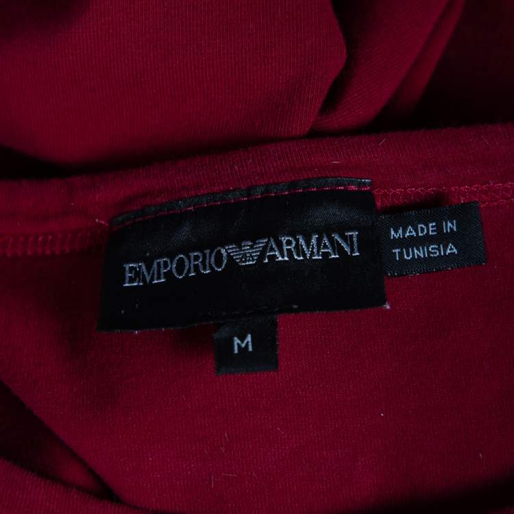 Pre Owned Emporio Armani Burgundy Logo Printed Cotton Crewneck T-Shirt M