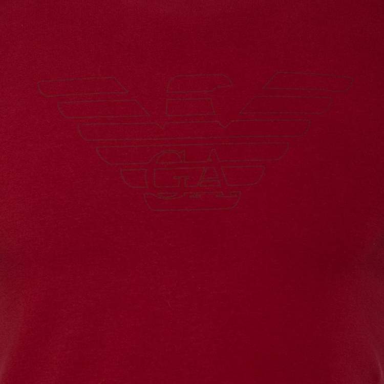 Pre Owned Emporio Armani Burgundy Logo Printed Cotton Crewneck T-Shirt M