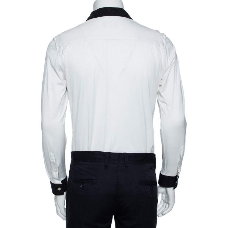 Pre Owned Emporio Armani White Cotton Contrast Wool Trim Button Front Shirt XL