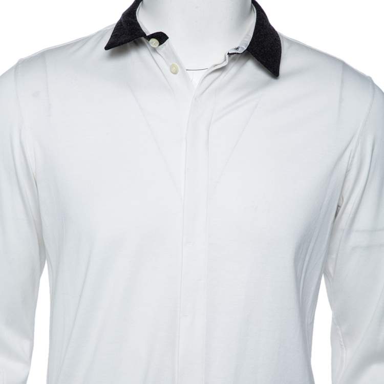 Pre Owned Emporio Armani White Cotton Contrast Wool Trim Button Front Shirt XL