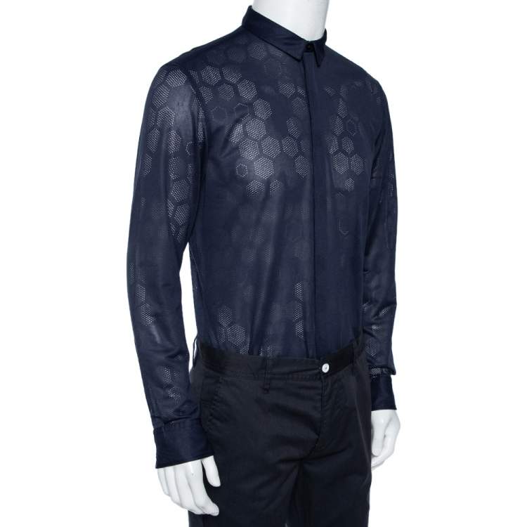 Pre Owned Emporio Armani Navy Blue Perforated Jersey Button Front Shirt XL
