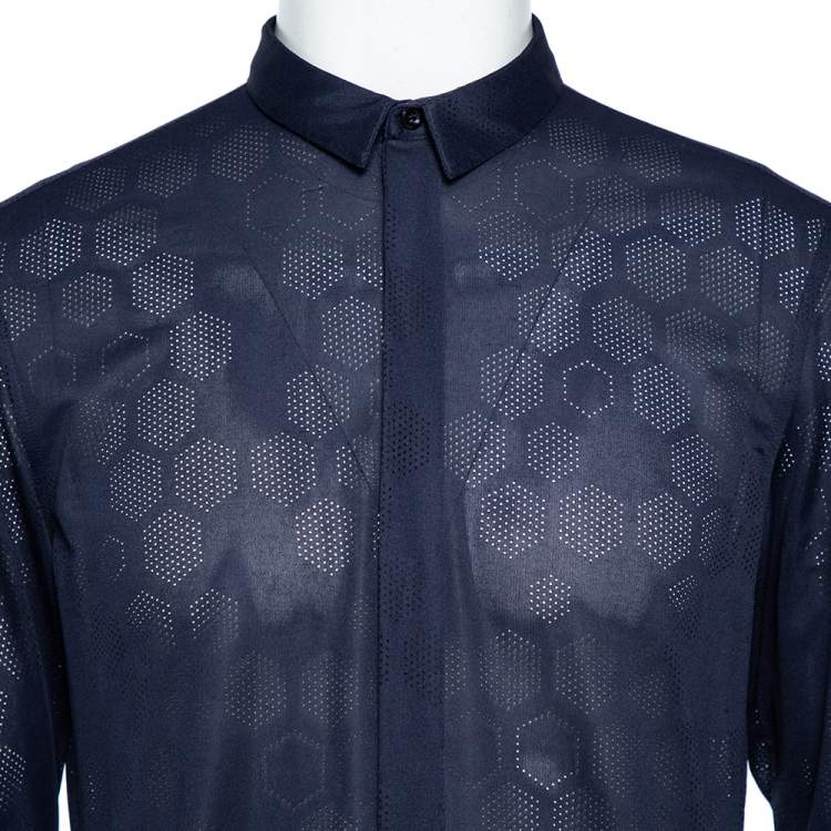 Pre Owned Emporio Armani Navy Blue Perforated Jersey Button Front Shirt XL