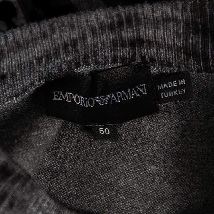 Pre Owned Emporio Armani Charcoal Grey Wool Contrast Flock Detail Crewneck Sweater L