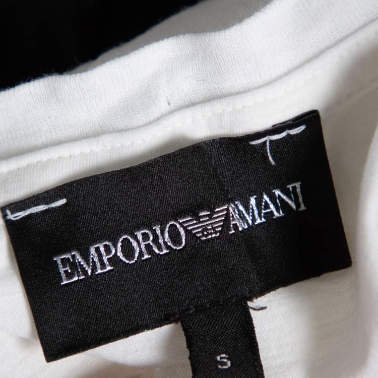 Pre Owned Emporio Armani White Logo Embroidered Cotton V-Neck T-Shirt S