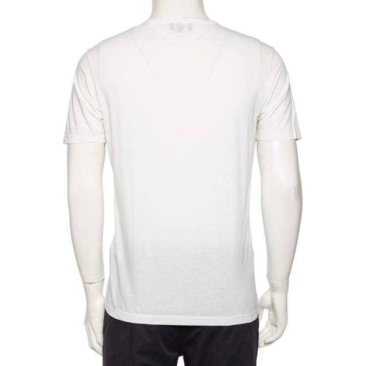 Pre Owned Emporio Armani White Logo Embroidered Cotton V-Neck T-Shirt S