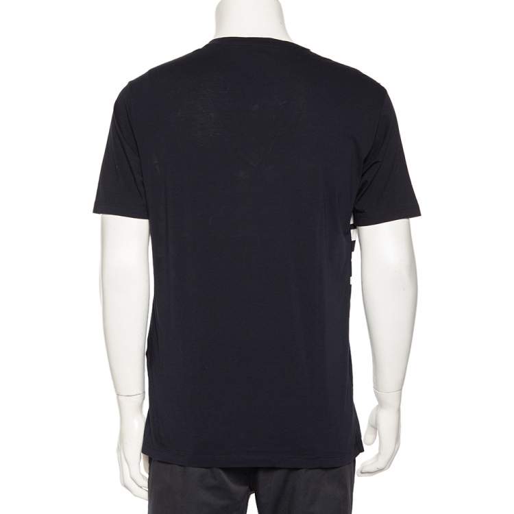 Pre Owned Emporio Armani Navy Blue Striped Cotton V-Neck T-Shirt L