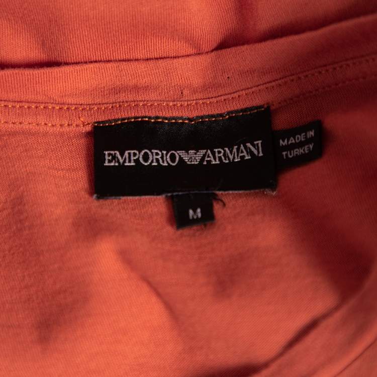 Pre Owned Emporio Armani Orange Logo Embroidered Cotton Crewneck T-Shirt M