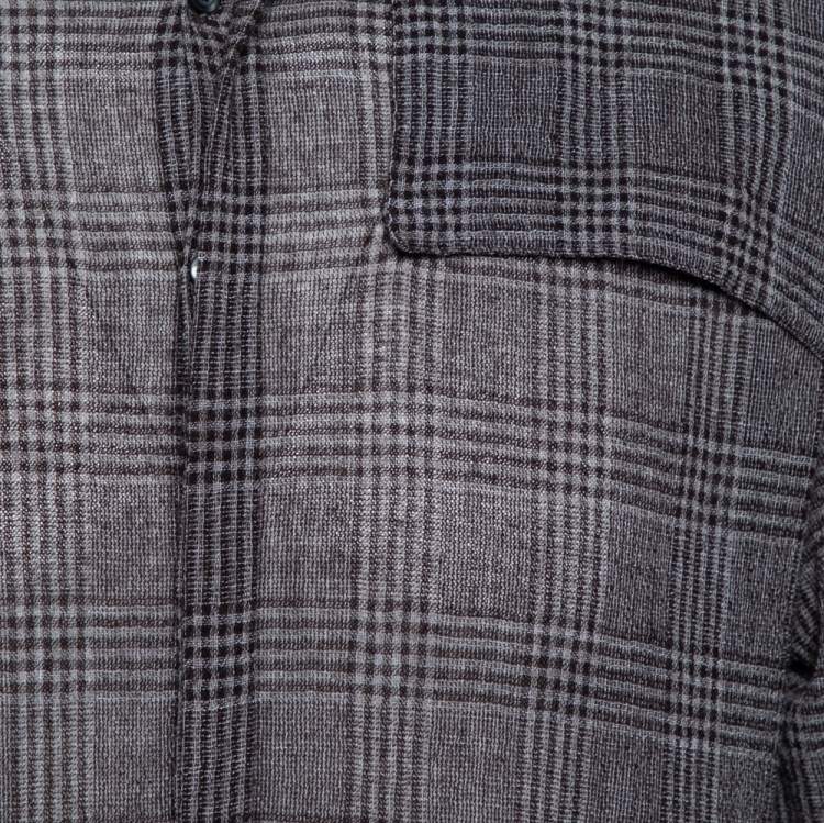 Pre Owned Emporio Armani Brown Checkered Knit Overlay Detail Button Front Shirt L