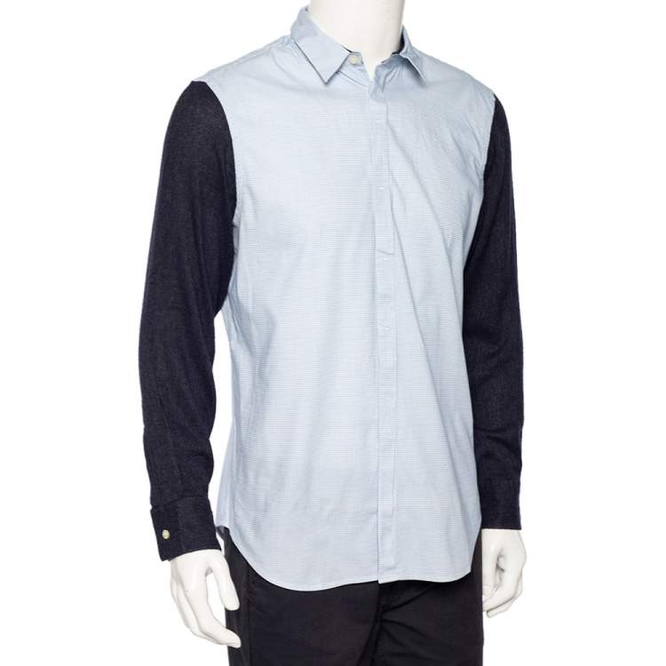 Pre Owned Emporio Armani Blue Checkered Cotton Contrast Sleeve Button Front Shirt L