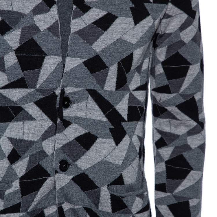 Pre Owned Emporio Armani Monochrome Geometric Patterned Knit Button Front Cardigan M