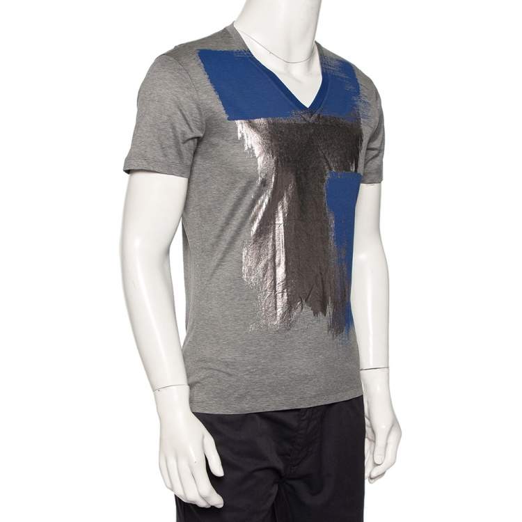 Pre Owned Emporio Armani Grey Abstract Metallic Printed Cotton V-Neck T-Shirt M