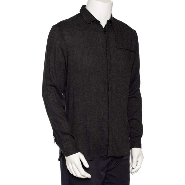 Pre Owned Emporio Armani Charcoal Grey Wool Overlay Detail Button Front Shirt L