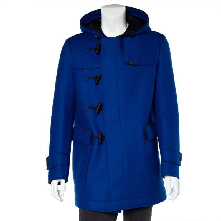 Emporio Armani Blue Wool & Mesh Layered Toggle Button Hooded Duffle ...
