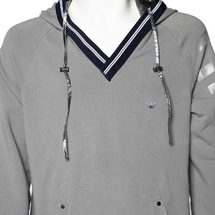 Pre Owned Emporio Armani Grey Cotton Knit Contrast Trim hooded Sweatshirt 3XL
