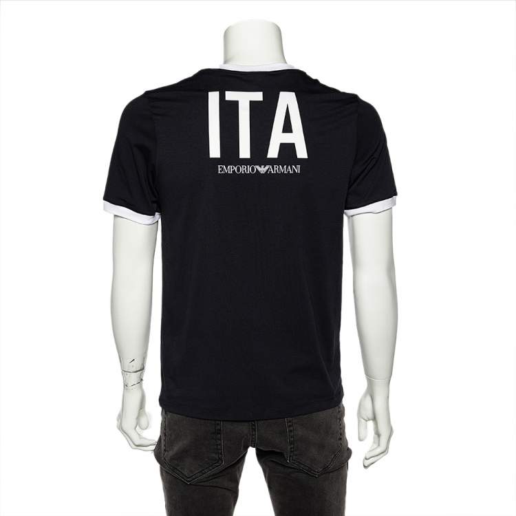 Pre Owned Emporio Armani Navy Blue Cotton Knit Logo Printed T-Shirt XS