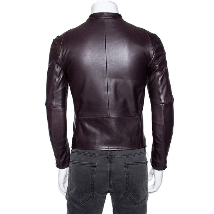 Pre Owned Emporio Armani Brown Leather Zip Front Jacket XS