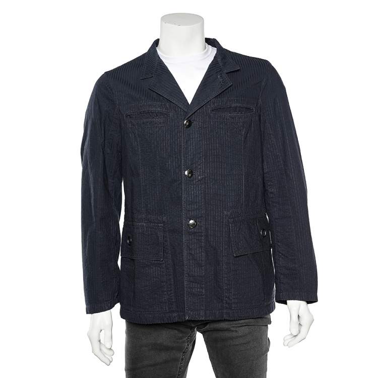 Pre Owned Emporio Armani Blue Striped Cotton Jacket L