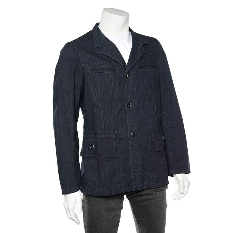 Pre Owned Emporio Armani Blue Striped Cotton Jacket L