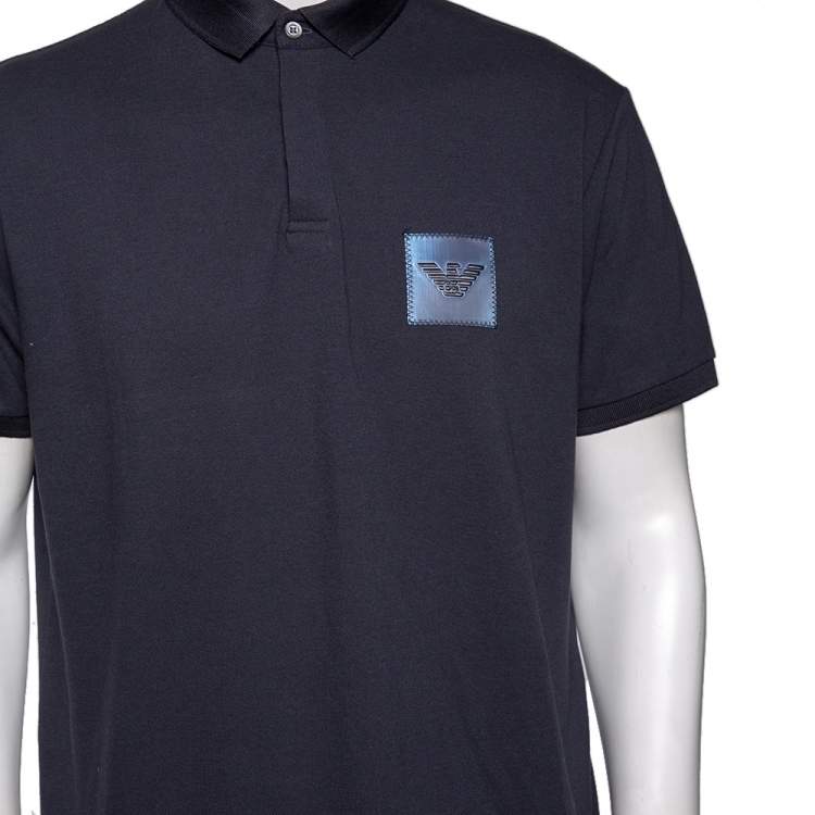 Pre Owned Emporio Armani Navy Blue Cotton Pique Logo Patch Polo T-Shirt XXL