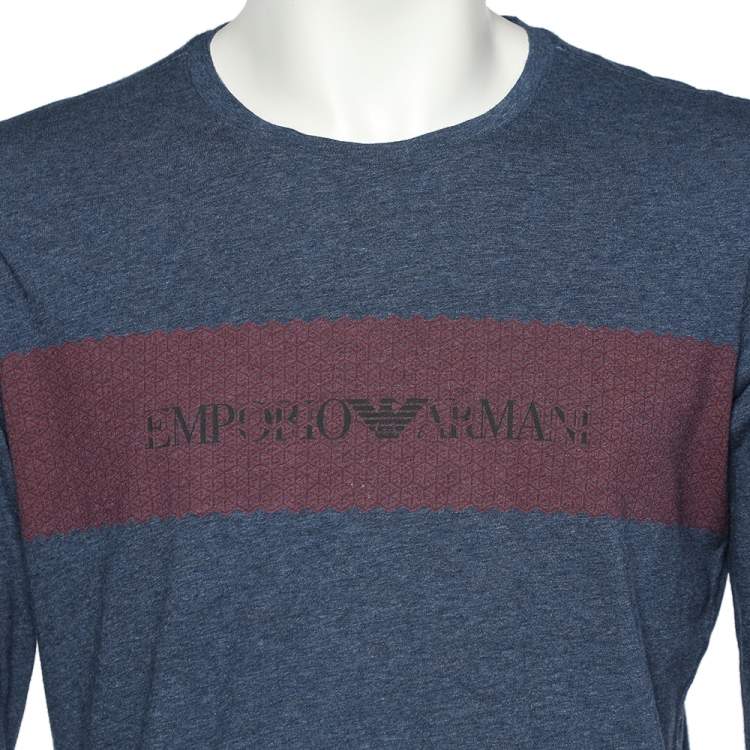 Pre Owned Emporio Armani Blue Logo Printed Cotton Knit Long Sleeve T-Shirt M