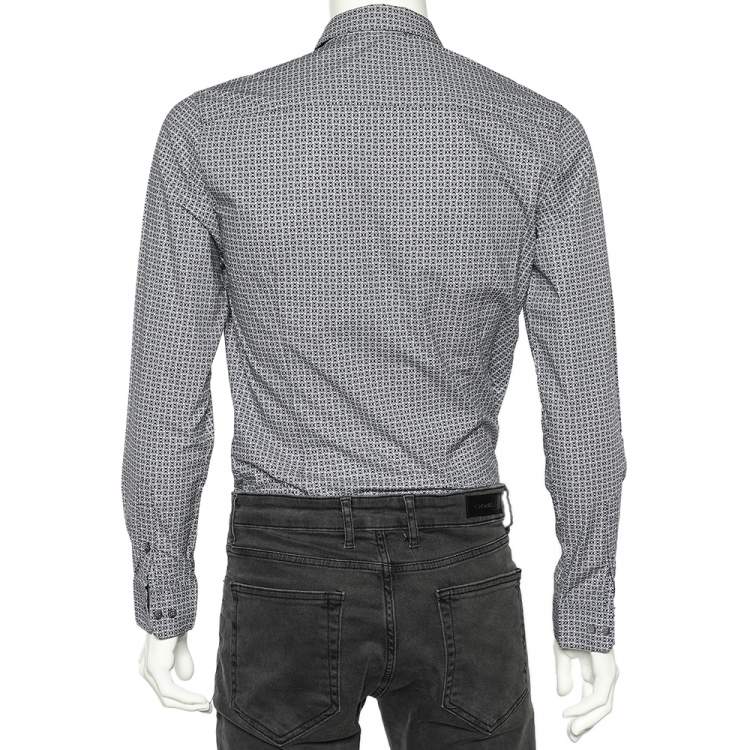 Pre Owned Emporio Armani Blue Logo Printed Cotton Slim Fit Shirt M