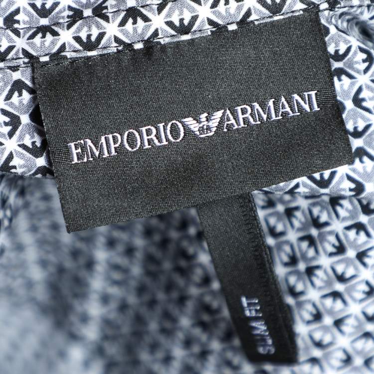 Pre Owned Emporio Armani Blue Logo Printed Cotton Slim Fit Shirt M