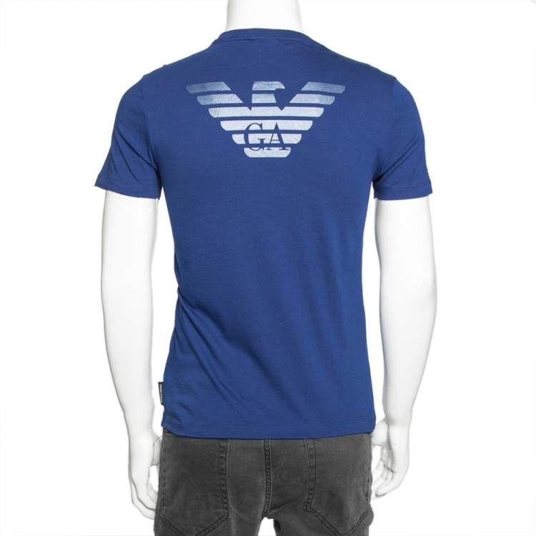Pre Owned Emporio Armani Blue Logo Printed Cotton Short Sleeve T-Shirt S