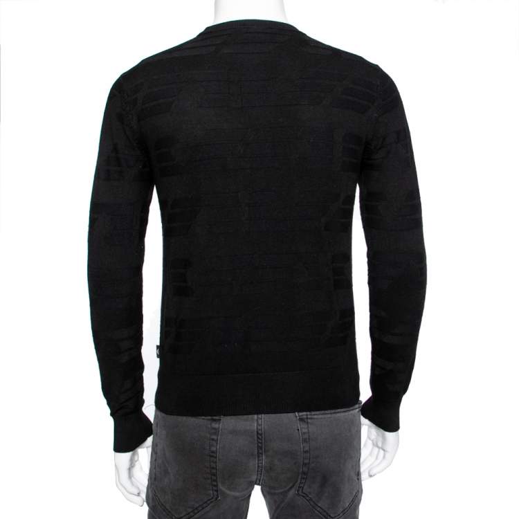 Pre Owned Emporio Armani Black Textured Knit Long Sleeve Crew Neck Sweater XS