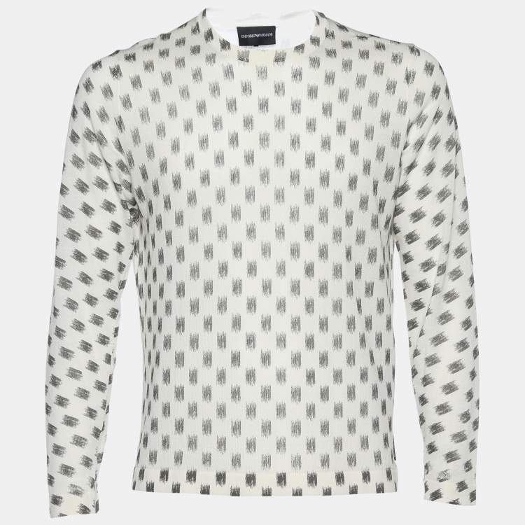 مملوكة مسبقًا Emporio Armani White Printed Cotton Knit Round Neck Sweater M