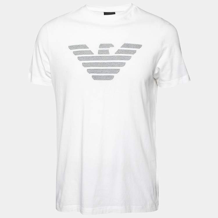 Pre Owned Emporio Armani White Cotton Logo Printed Short Sleeve T-Shirt L