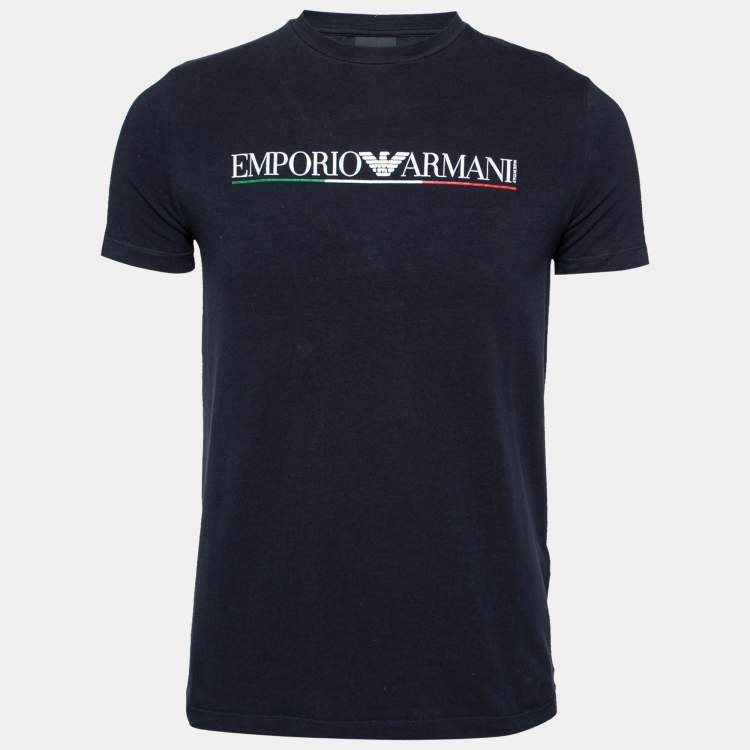Pre Owned Emporio Armani Navy Blue Cotton Logo Printed Short Sleeve T-Shirt L
