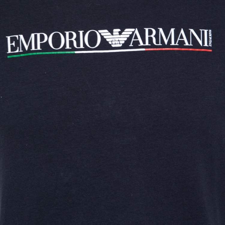 Pre Owned Emporio Armani Navy Blue Cotton Logo Printed Short Sleeve T-Shirt L
