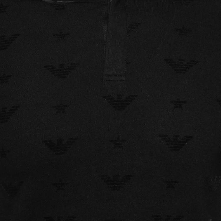Pre Owned Emporio Armani Black Cotton All Over Logo Detailed Polo T-Shirt M