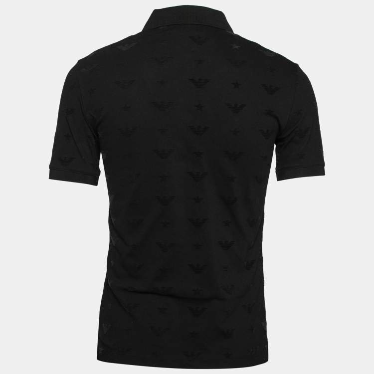 Pre Owned Emporio Armani Black Cotton All Over Logo Detailed Polo T-Shirt M