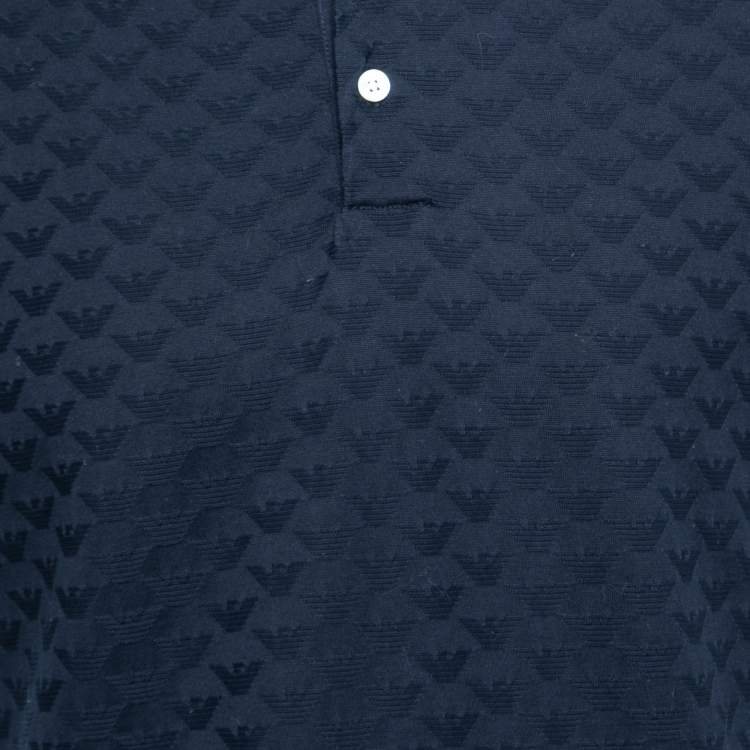 Pre Owned Emporio Armani Navy Blue Textured Knit Short Sleeve Polo T-Shirt L