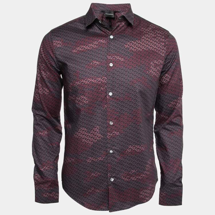 مملوكة مسبقًا Emporio Armani Navy Blue & Red Logo Print Button Front Shirt S