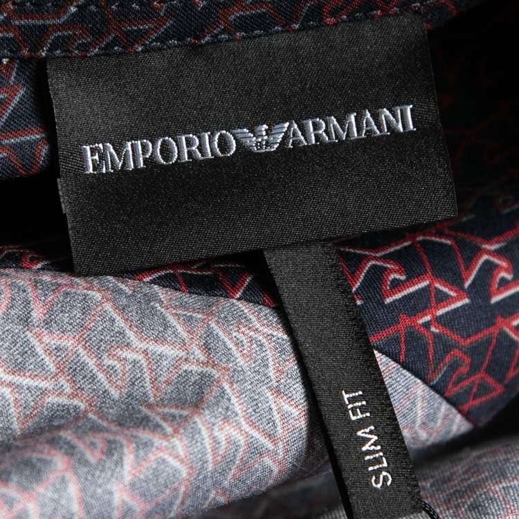 مملوكة مسبقًا Emporio Armani Navy Blue & Red Logo Print Button Front Shirt S