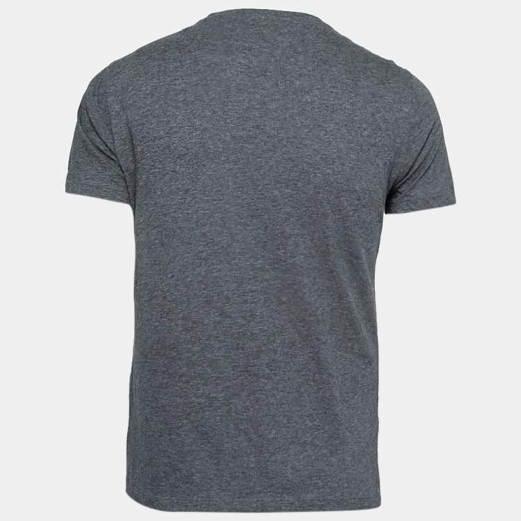 Pre Owned Emporio Armani Grey Cotton Appliqued V-Neck Short Sleeve T-Shirt M
