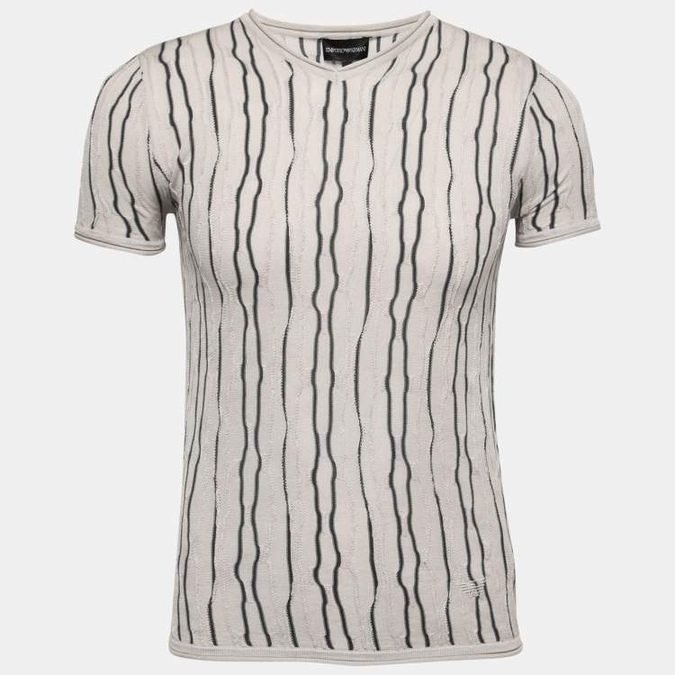 Pre Owned Emporio Armani Beige Stripe Knit V Neck T-Shirt S