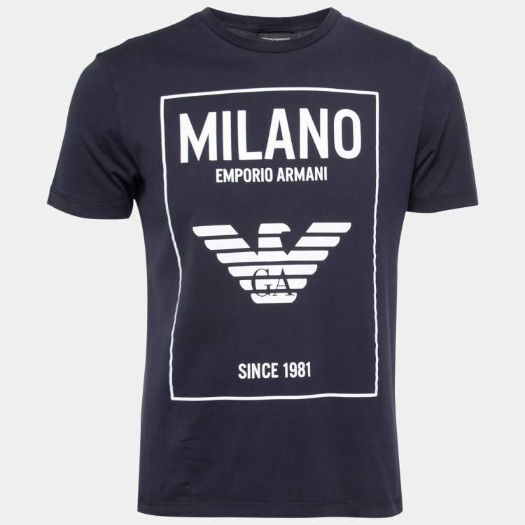 Pre Owned Emporio Armani Navy Blue Cotton Logo Print Crewneck T-Shirt M