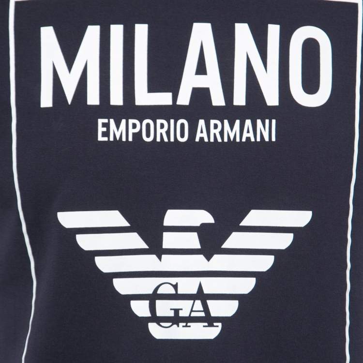 Pre Owned Emporio Armani Navy Blue Cotton Logo Print Crewneck T-Shirt M
