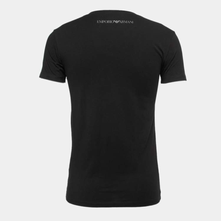 Pre Owned Emporio Armani Black Graphic Print Cotton Knit V Neck T-Shirt M