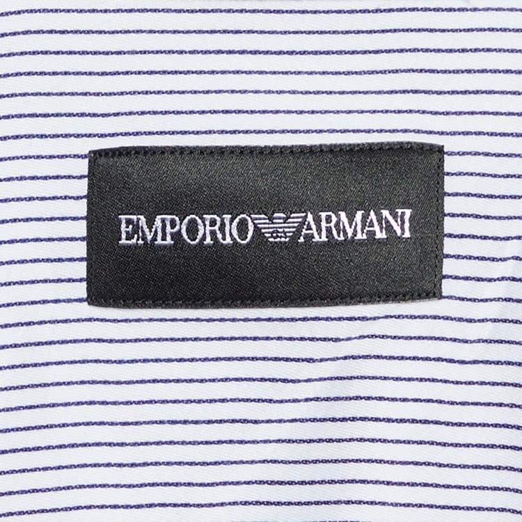 Pre Owned Emporio Armani White & Blue Striped Cotton Button Front Shirt M