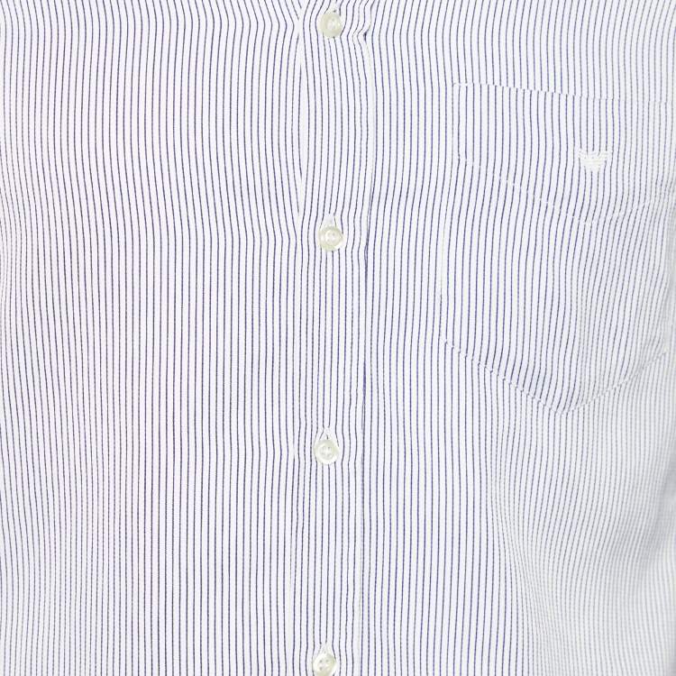 Pre Owned Emporio Armani White & Blue Striped Cotton Button Front Shirt M