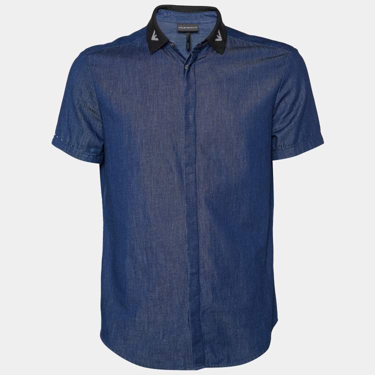 Pre Owned Emporio Armani Navy Blue Denim Contrast Collar Slim Fit Shirt M